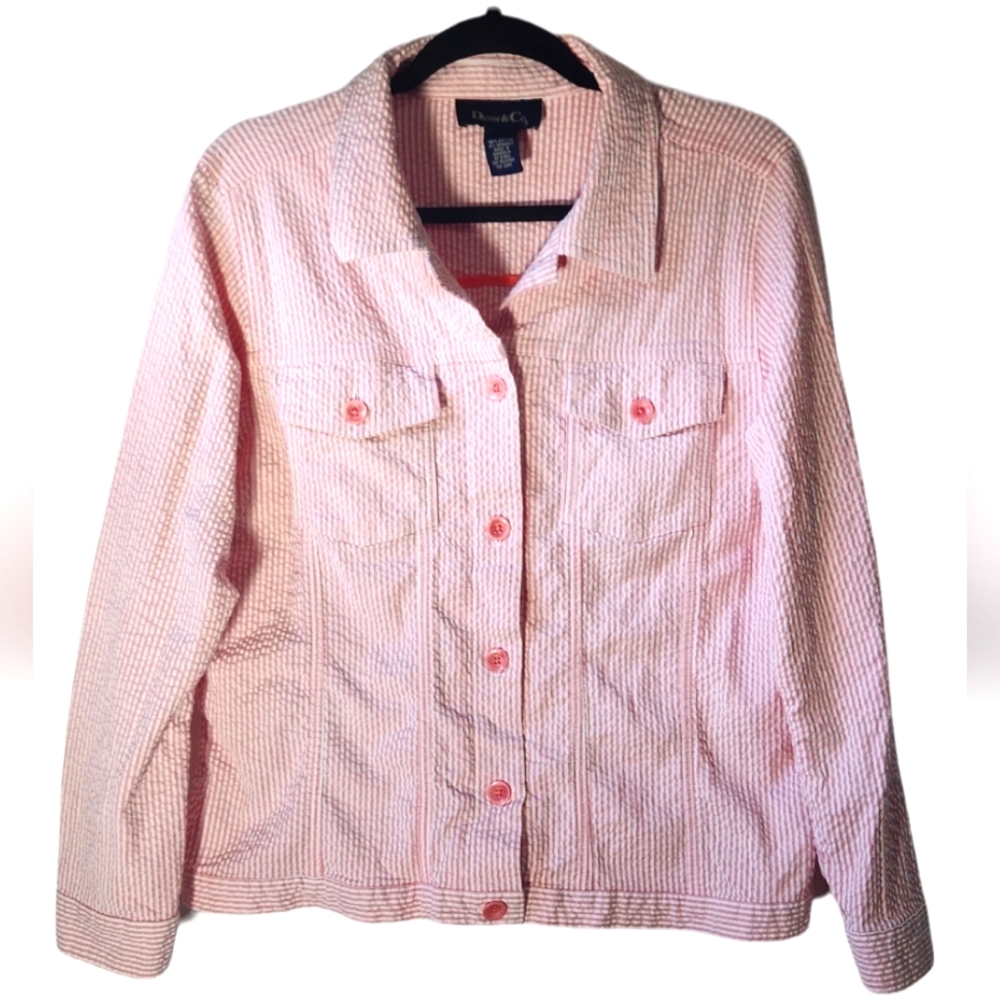 Denim & Co. Pink white striped seersucker jacket women's size L